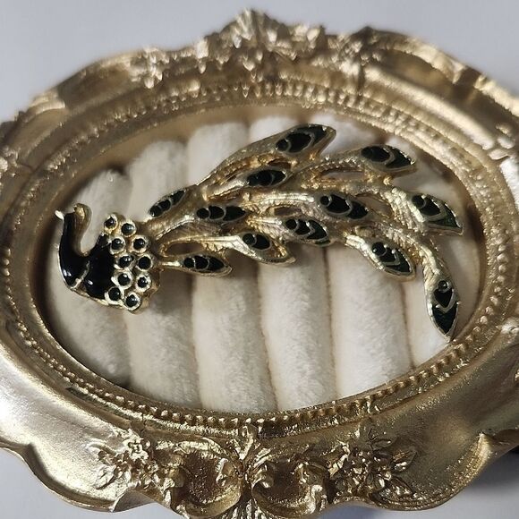 Gold and Black Peacock Brooch - Picture 1 of 4
